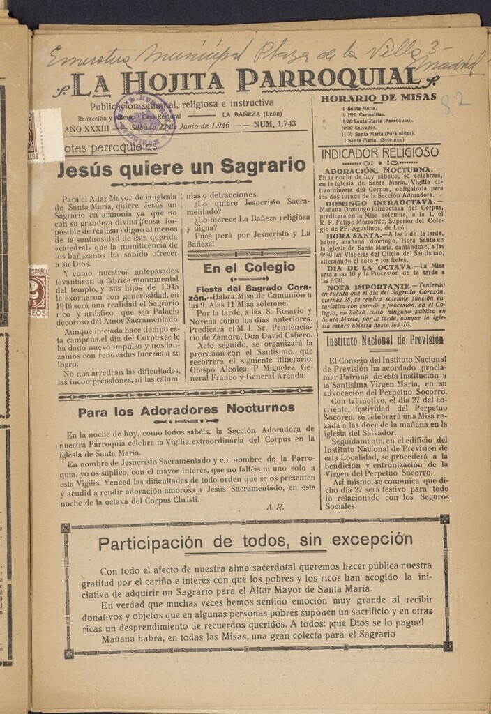 Miniatura de La hojita parroquial : publicación semanal religiosa e instructiva del 22 de junio de 1946, nº 1743