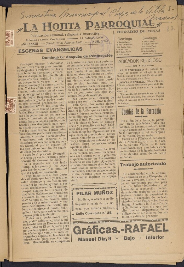 Miniatura de La hojita parroquial : publicación semanal religiosa e instructiva del 20 de julio de 1946, nº 1746