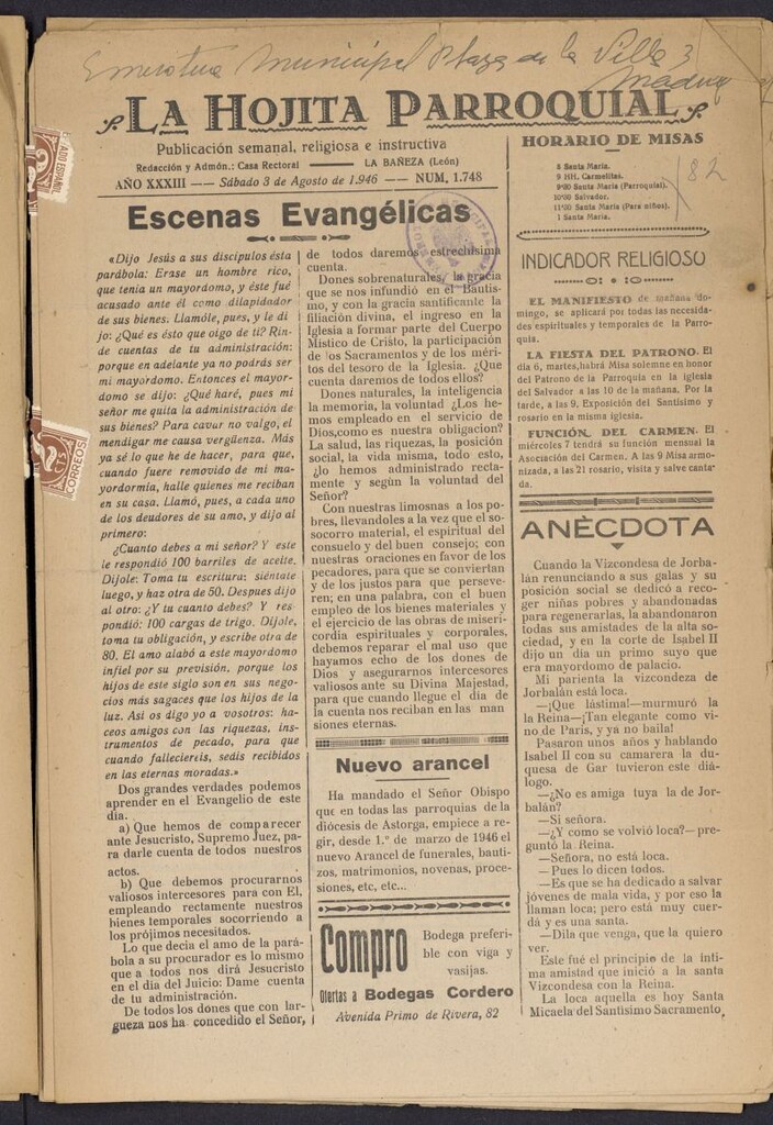 Miniatura de La hojita parroquial : publicación semanal religiosa e instructiva del 3 de agosto de 1946, nº 1748