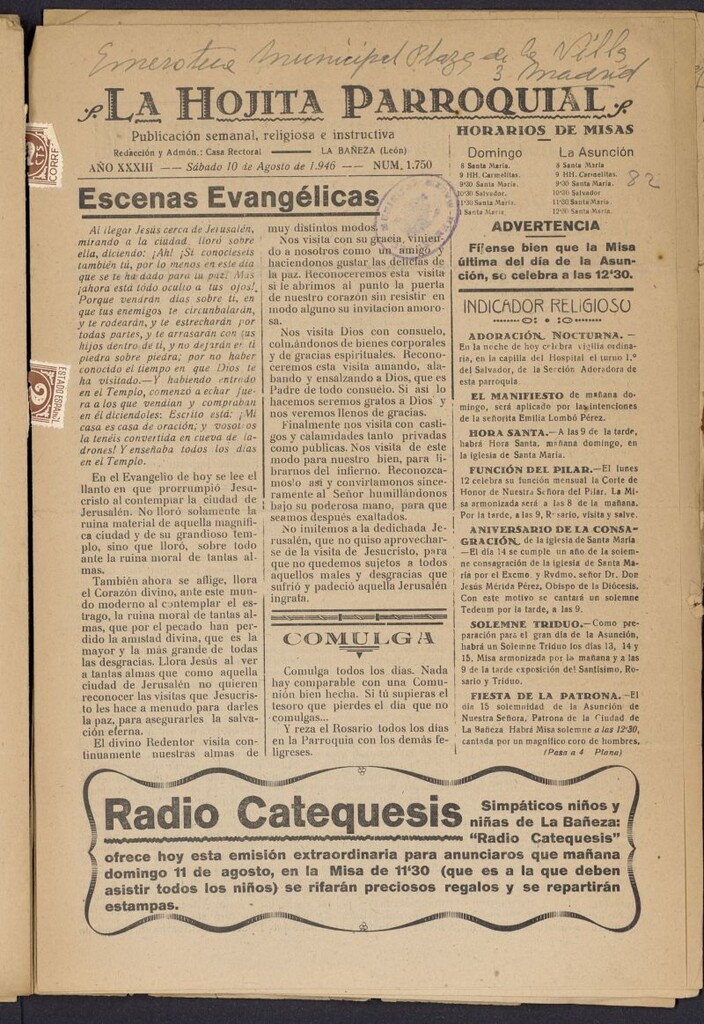 Miniatura de La hojita parroquial : publicación semanal religiosa e instructiva del 10 de agosto de 1946, nº 1750