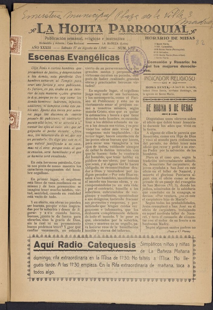 Miniatura de La hojita parroquial : publicación semanal religiosa e instructiva del 17 de agosto de 1946, nº 1751