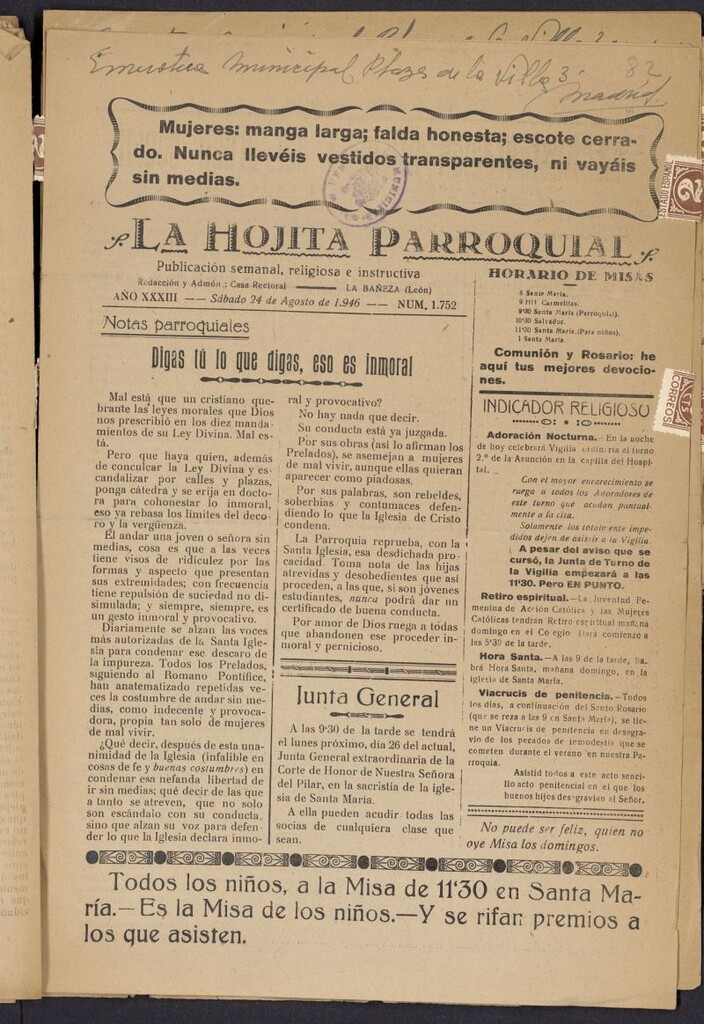 Miniatura de La hojita parroquial : publicación semanal religiosa e instructiva del 24 de agosto de 1946, nº 1752