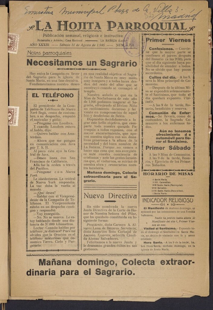 Miniatura de La hojita parroquial : publicación semanal religiosa e instructiva del 31 de agosto de 1946, nº 1753