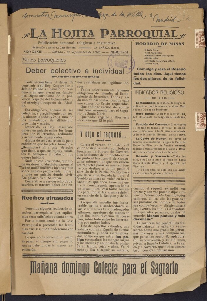 Miniatura de La hojita parroquial : publicación semanal religiosa e instructiva del 7 de septiembre de 1946, nº 1754