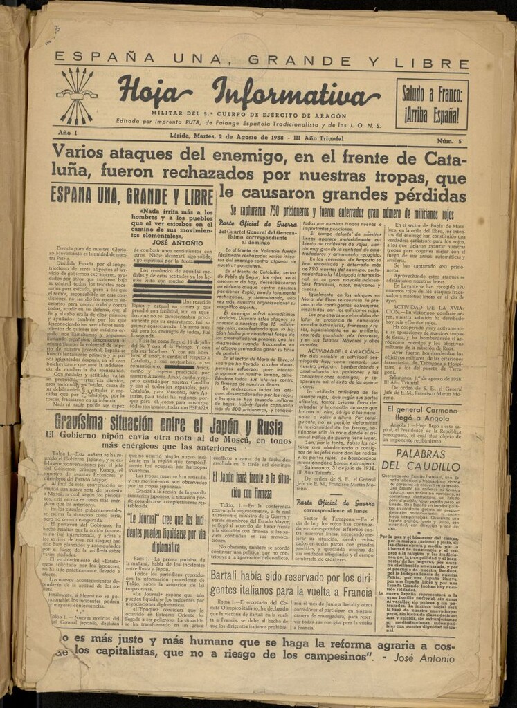 Miniatura de Hoja informativa : militar del 5º Cuerpo del Ejército de Aragón del 2 de agosto de 1938, nº 5