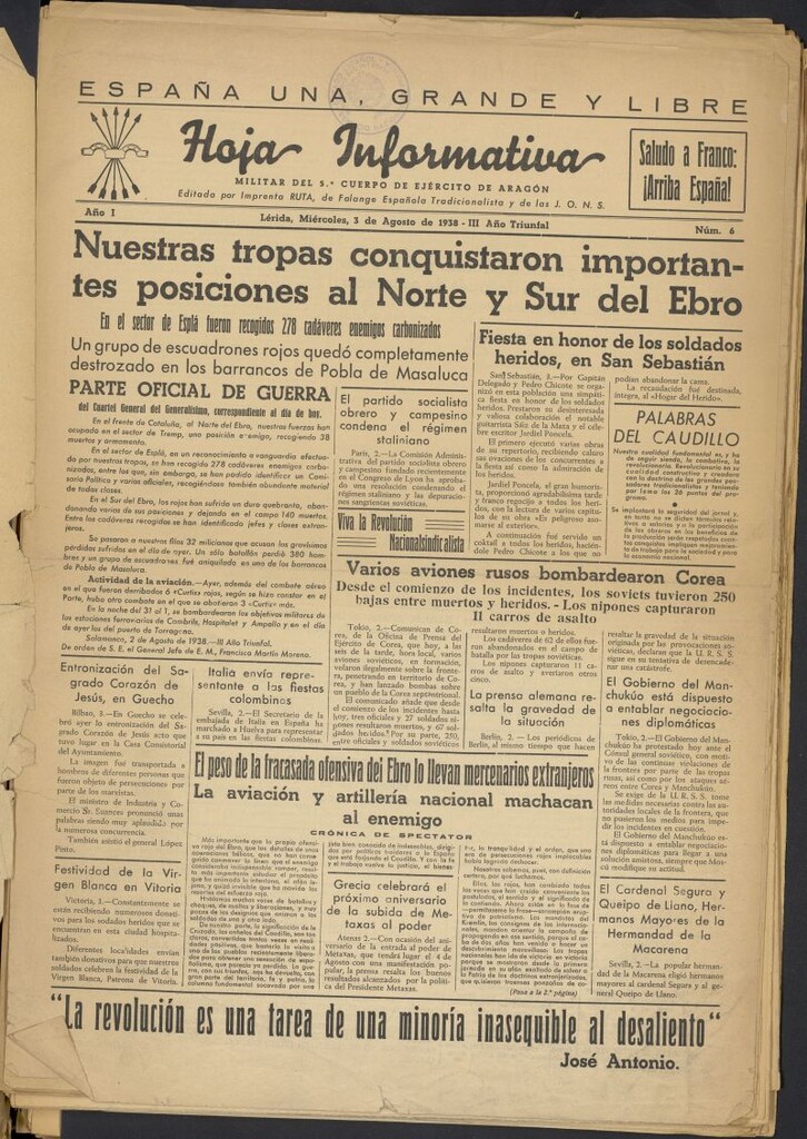 Miniatura de Hoja informativa : militar del 5º Cuerpo del Ejército de Aragón del 3 de agosto de 1938, nº 6