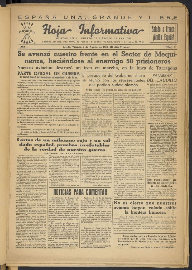 Miniatura de Hoja informativa : militar del 5º Cuerpo del Ejército de Aragón del 5 de agosto de 1938, nº 8