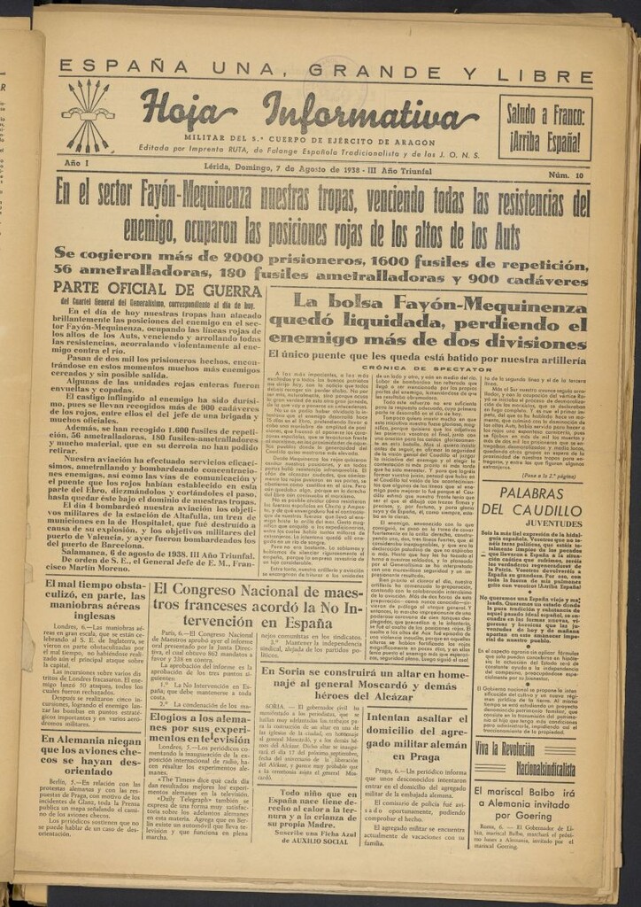 Miniatura de Hoja informativa : militar del 5º Cuerpo del Ejército de Aragón del 7 de agosto de 1938, nº 10