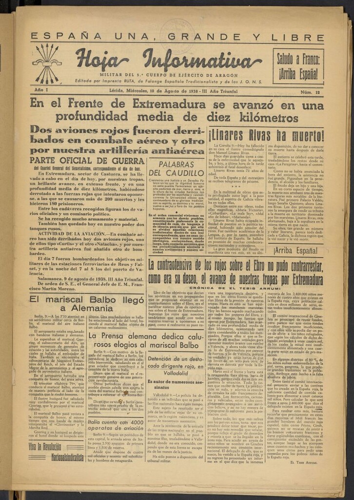 Miniatura de Hoja informativa : militar del 5º Cuerpo del Ejército de Aragón del 10 de agosto de 1938, nº 12