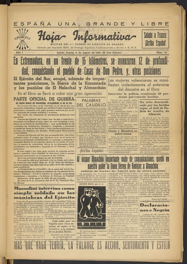 Miniatura de Hoja informativa : militar del 5º Cuerpo del Ejército de Aragón del 11 de agosto de 1938, nº 13