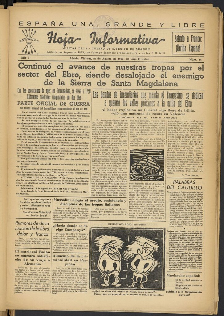 Miniatura de Hoja informativa : militar del 5º Cuerpo del Ejército de Aragón del 12 de agosto de 1938, nº 14