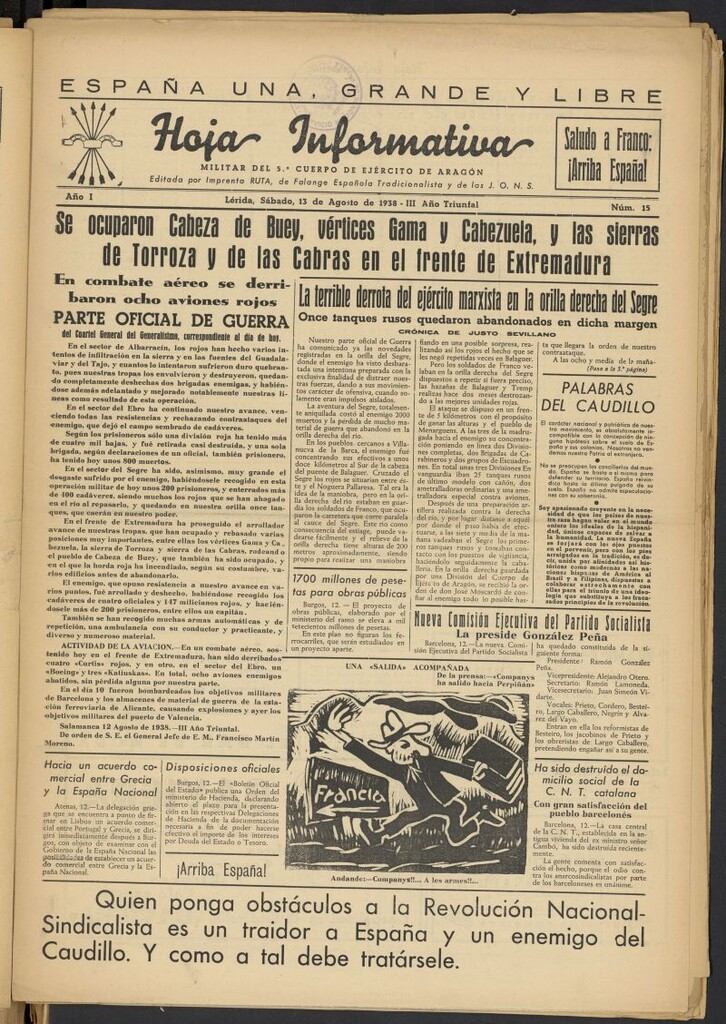Miniatura de Hoja informativa : militar del 5º Cuerpo del Ejército de Aragón del 13 de agosto de 1938, nº 15