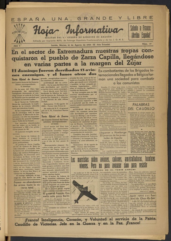 Miniatura de Hoja informativa : militar del 5º Cuerpo del Ejército de Aragón del 16 de agosto de 1938, nº 17