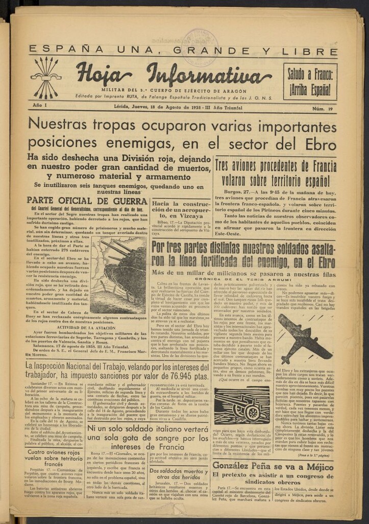 Miniatura de Hoja informativa : militar del 5º Cuerpo del Ejército de Aragón del 18 de agosto de 1938, nº 19
