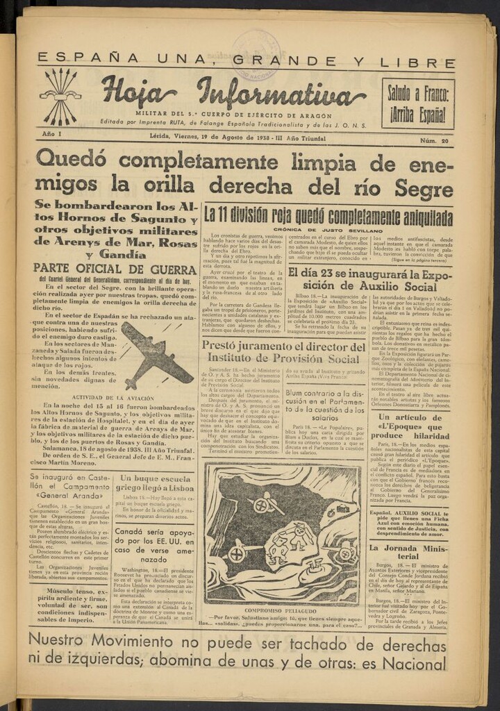 Miniatura de Hoja informativa : militar del 5º Cuerpo del Ejército de Aragón del 19 de agosto de 1938, nº 20