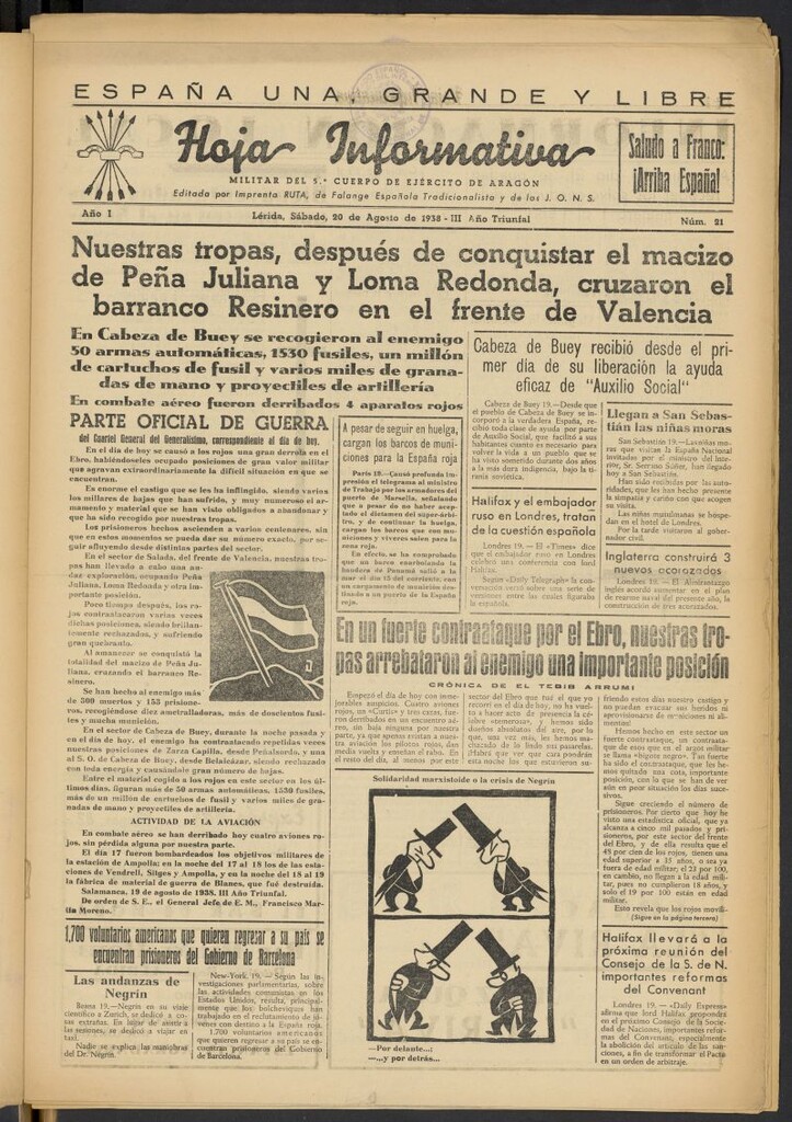 Miniatura de Hoja informativa : militar del 5º Cuerpo del Ejército de Aragón del 20 de agosto de 1938, nº 21