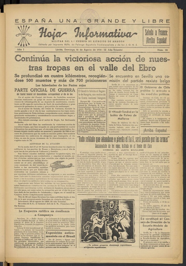 Miniatura de Hoja informativa : militar del 5º Cuerpo del Ejército de Aragón del 21 de agosto de 1938, nº 22