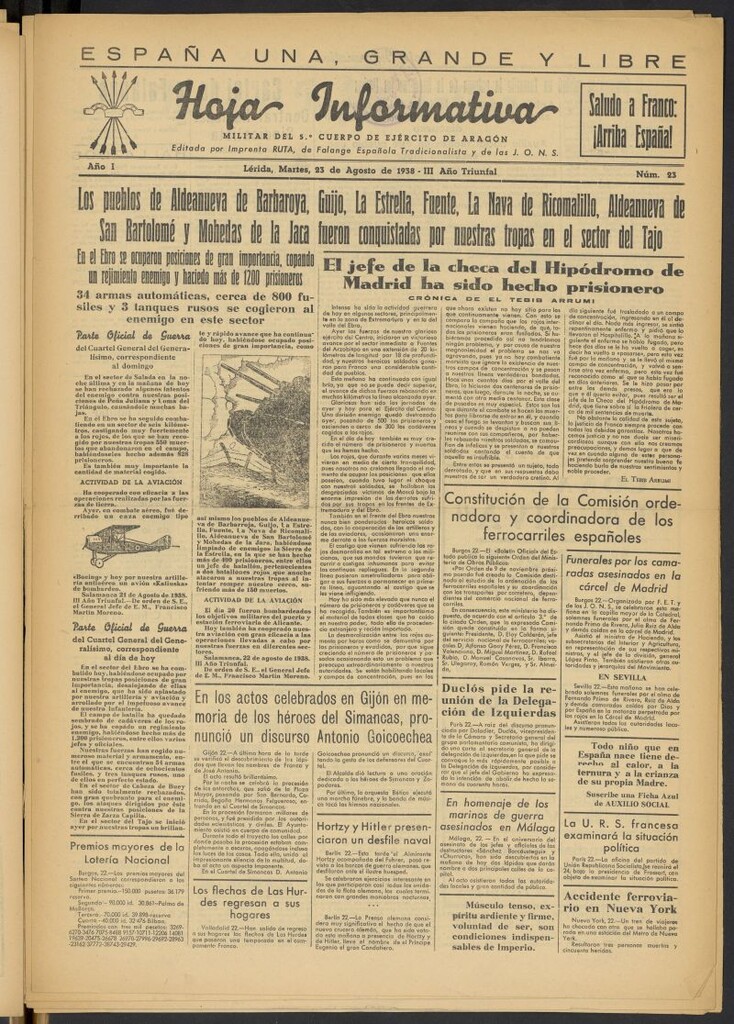 Miniatura de Hoja informativa : militar del 5º Cuerpo del Ejército de Aragón del 23 de agosto de 1938, nº 23