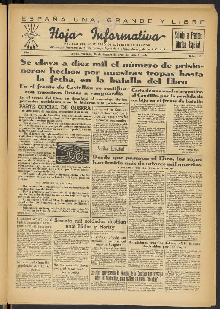Miniatura de Hoja informativa : militar del 5º Cuerpo del Ejército de Aragón del 26 de agosto de 1938, nº 26