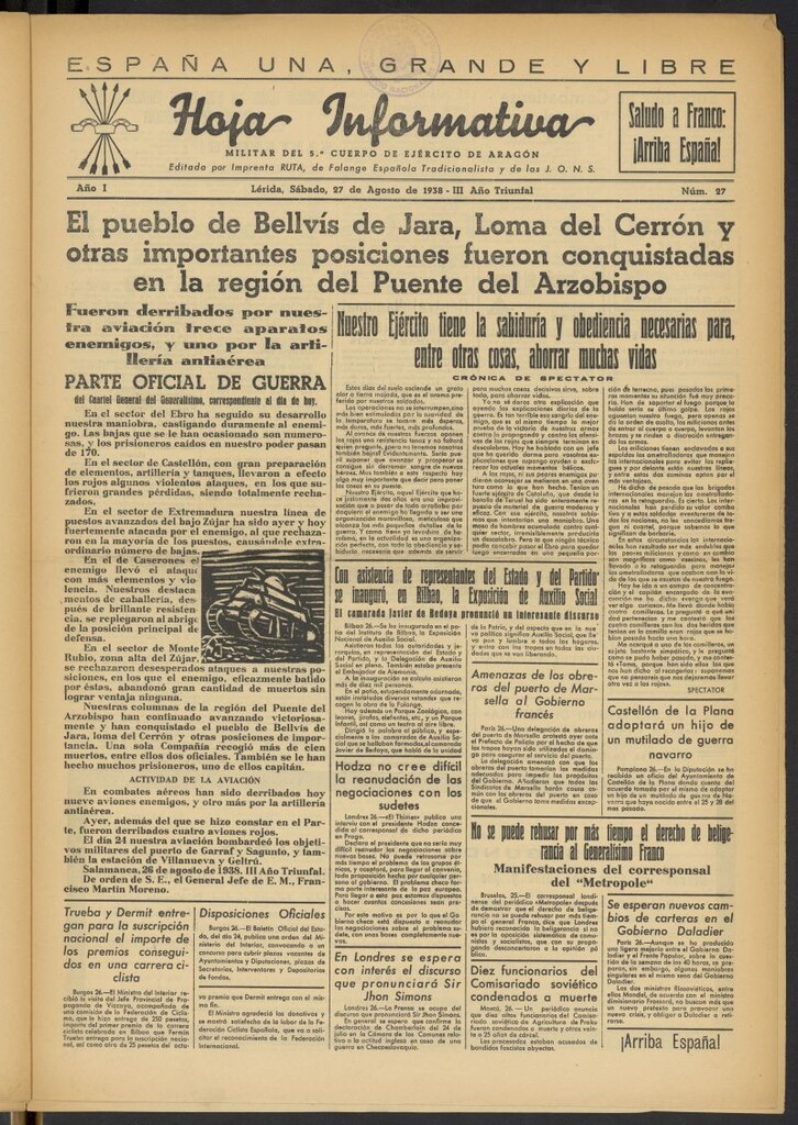 Miniatura de Hoja informativa : militar del 5º Cuerpo del Ejército de Aragón del 27 de agosto de 1938, nº 27