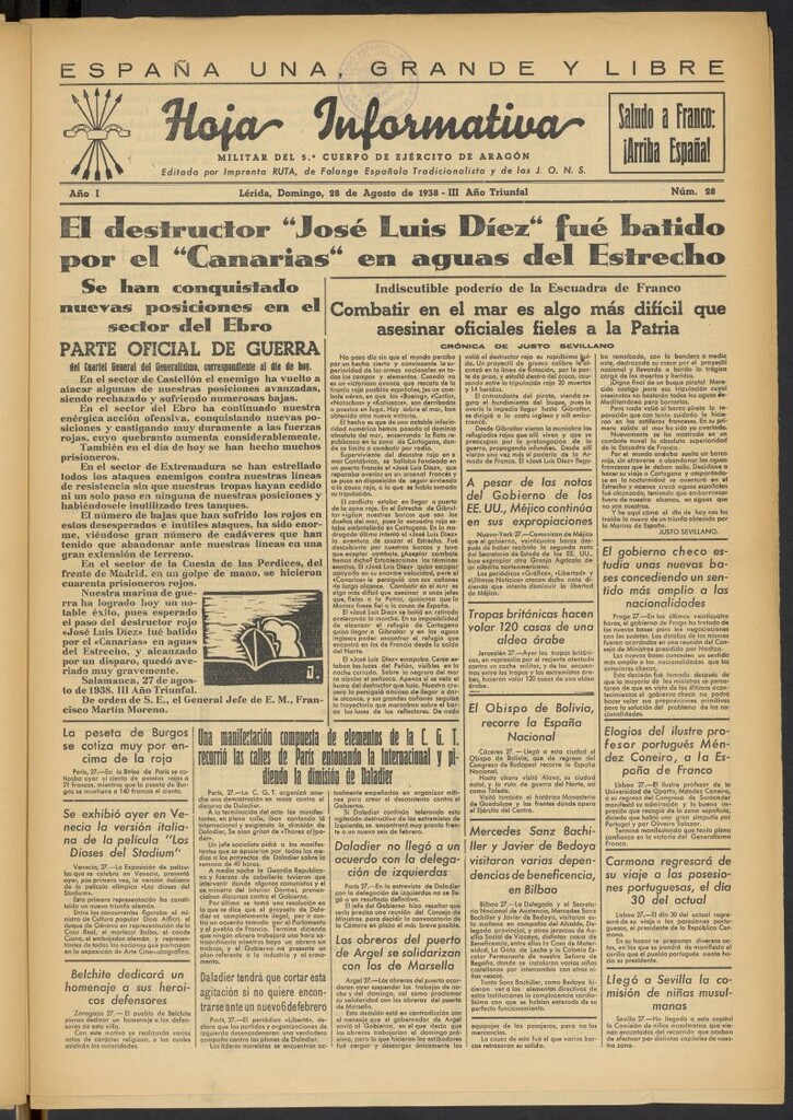 Miniatura de Hoja informativa : militar del 5º Cuerpo del Ejército de Aragón del 28 de agosto de 1938, nº 28