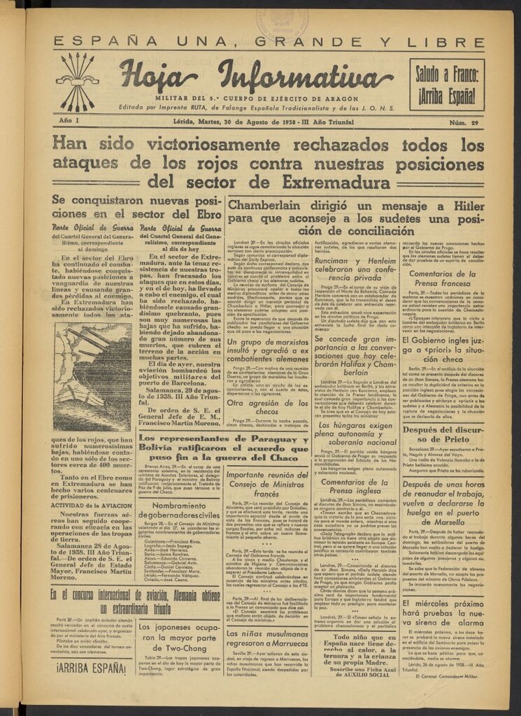Miniatura de Hoja informativa : militar del 5º Cuerpo del Ejército de Aragón del 30 de agosto de 1938, nº 29