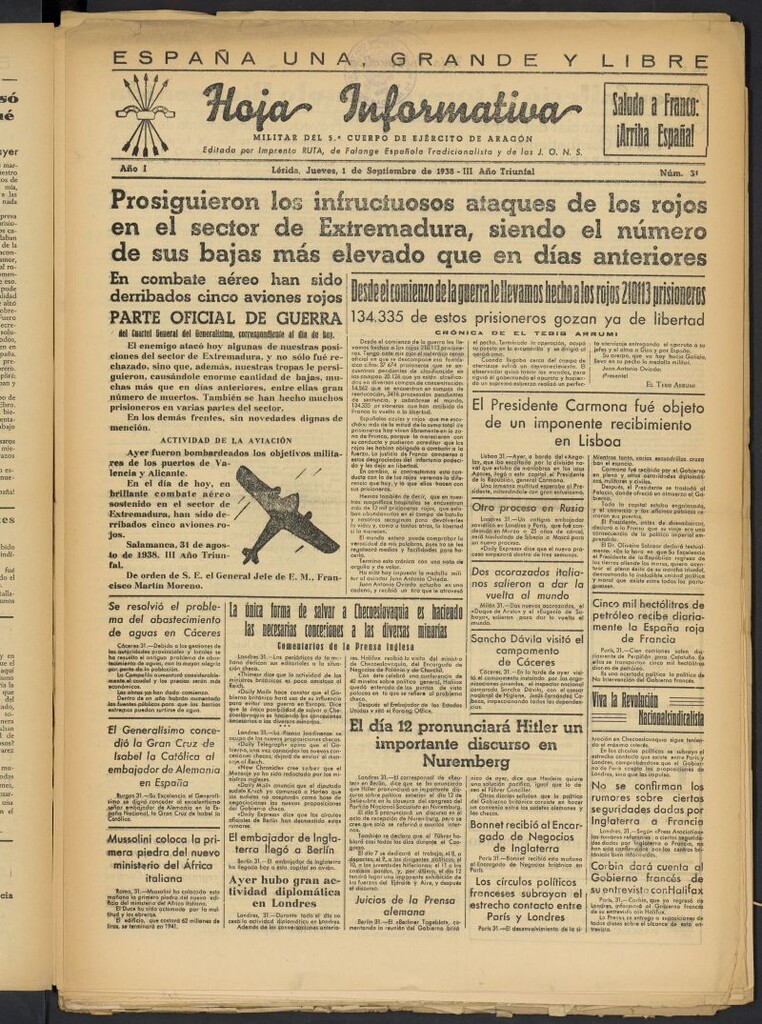 Miniatura de Hoja informativa : militar del 5º Cuerpo del Ejército de Aragón del 1 de septiembre de 1938, nº 31