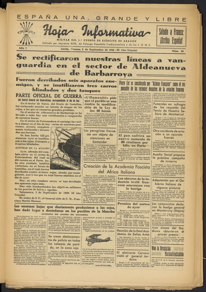 Miniatura de Hoja informativa : militar del 5º Cuerpo del Ejército de Aragón del 2 de septiembre de 1938, nº 32