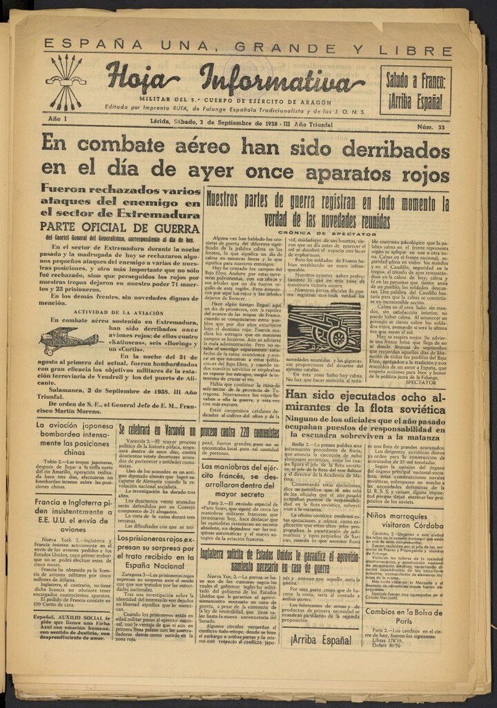 Miniatura de Hoja informativa : militar del 5º Cuerpo del Ejército de Aragón del 3 de septiembre de 1938, nº 33