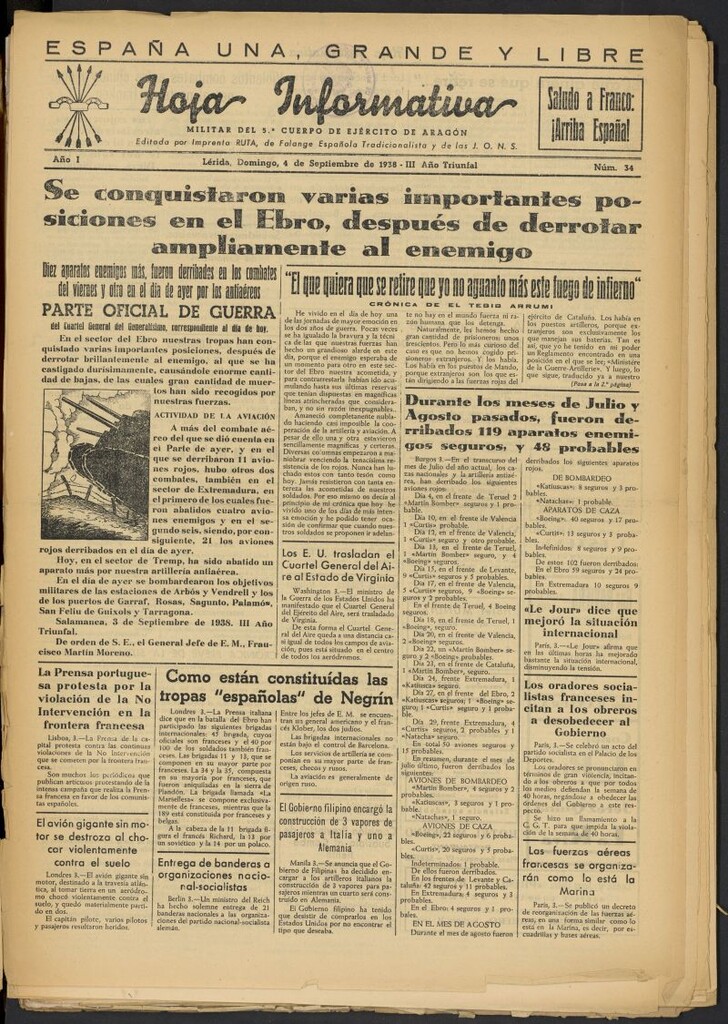 Miniatura de Hoja informativa : militar del 5º Cuerpo del Ejército de Aragón del 4 de septiembre de 1938, nº 34