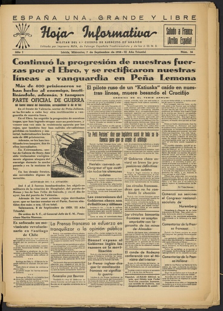 Miniatura de Hoja informativa : militar del 5º Cuerpo del Ejército de Aragón del 7 de septiembre de 1938, nº 36