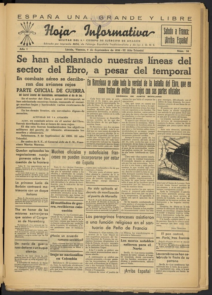 Miniatura de Hoja informativa : militar del 5º Cuerpo del Ejército de Aragón del 9 de septiembre de 1938, nº 38