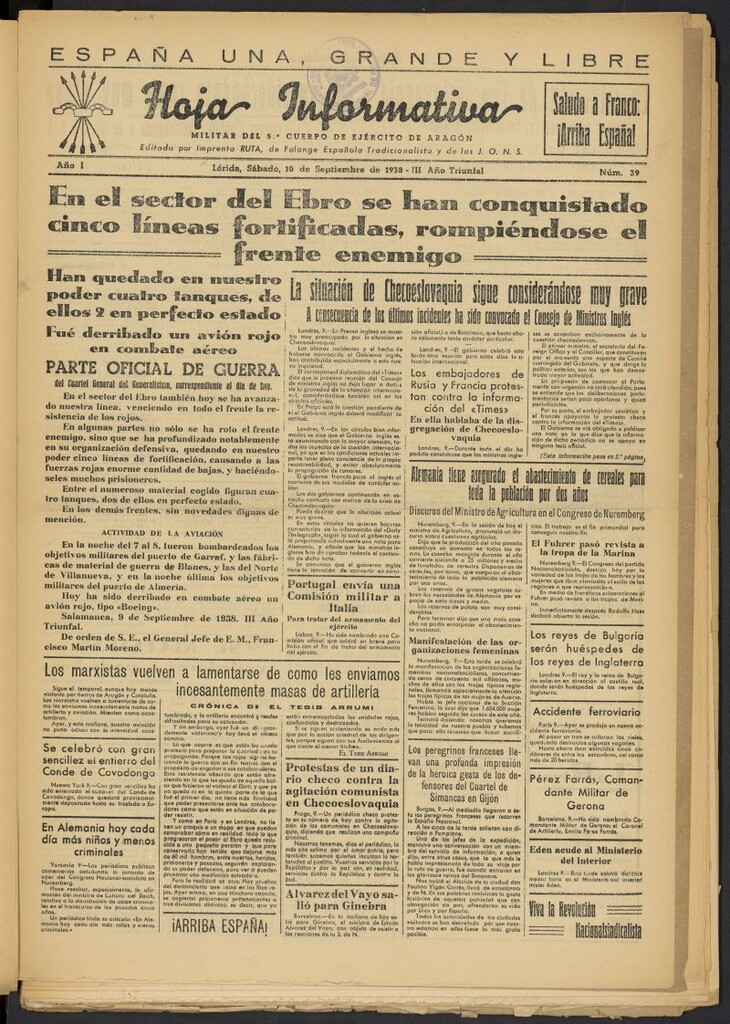 Miniatura de Hoja informativa : militar del 5º Cuerpo del Ejército de Aragón del 10 de septiembre de 1938, nº 39