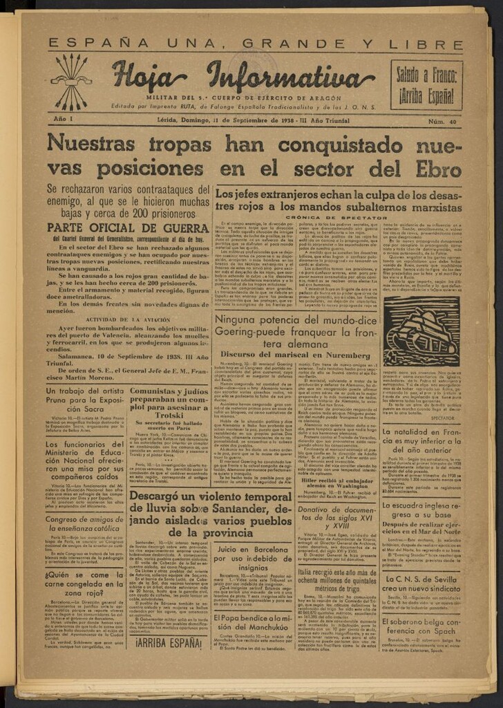 Miniatura de Hoja informativa : militar del 5º Cuerpo del Ejército de Aragón del 11 de septiembre de 1938, nº 40