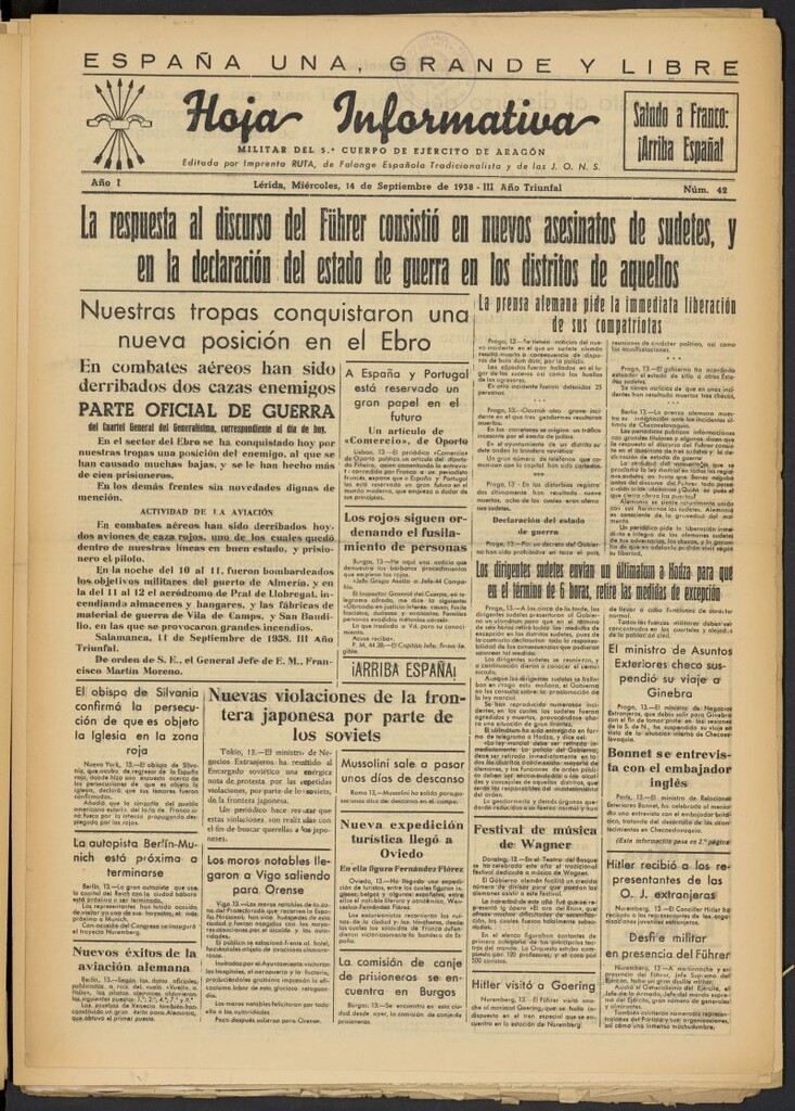 Miniatura de Hoja informativa : militar del 5º Cuerpo del Ejército de Aragón del 14 de septiembre de 1938, nº 42