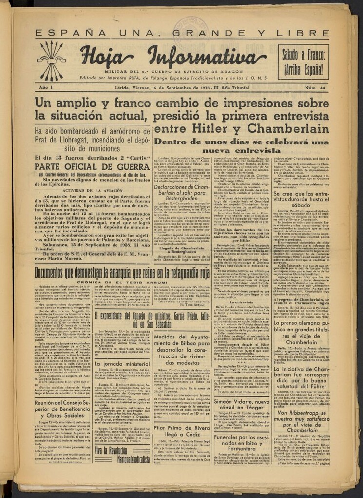 Miniatura de Hoja informativa : militar del 5º Cuerpo del Ejército de Aragón del 16 de septiembre de 1938, nº 44