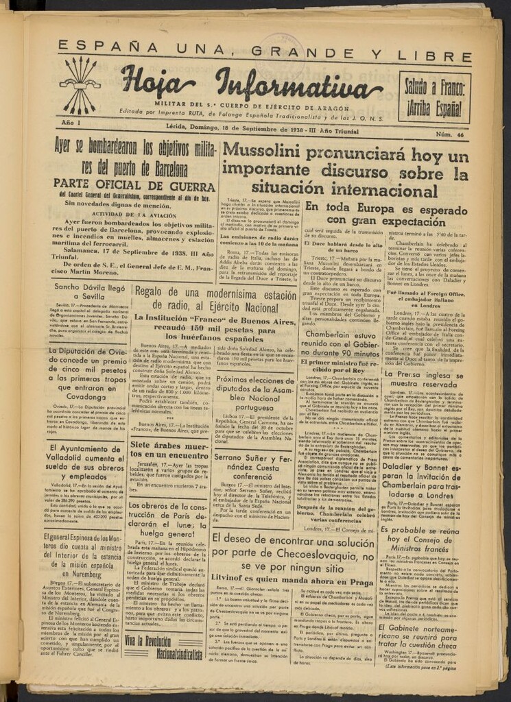 Miniatura de Hoja informativa : militar del 5º Cuerpo del Ejército de Aragón del 18 de septiembre de 1938, nº 46