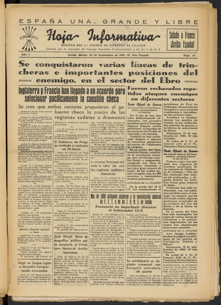 Miniatura de Hoja informativa : militar del 5º Cuerpo del Ejército de Aragón del 20 de septiembre de 1938, nº 47