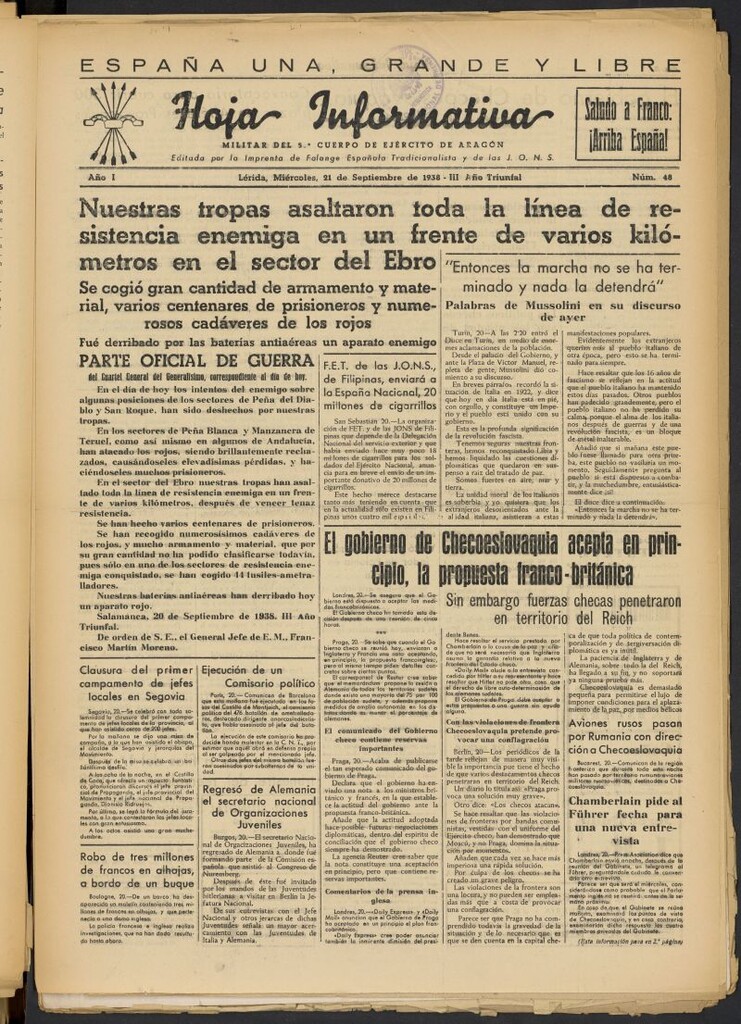 Miniatura de Hoja informativa : militar del 5º Cuerpo del Ejército de Aragón del 21 de septiembre de 1938, nº 48