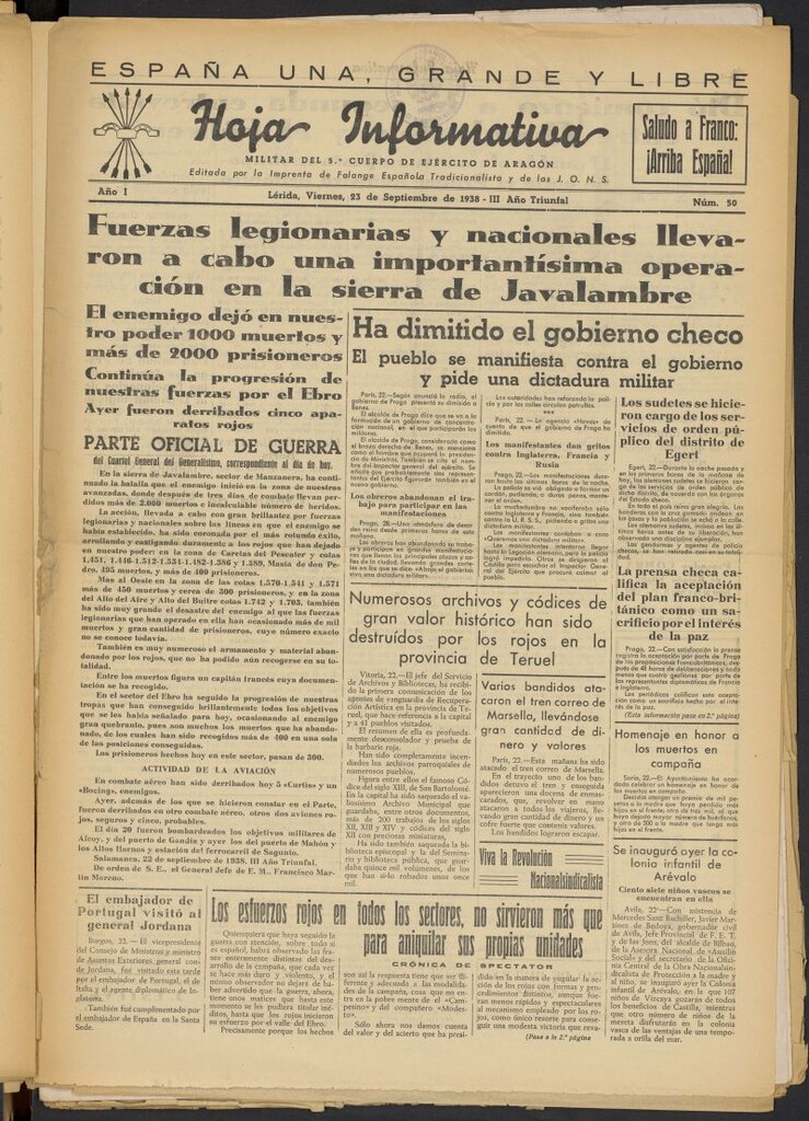 Miniatura de Hoja informativa : militar del 5º Cuerpo del Ejército de Aragón del 23 de septiembre de 1938, nº 50