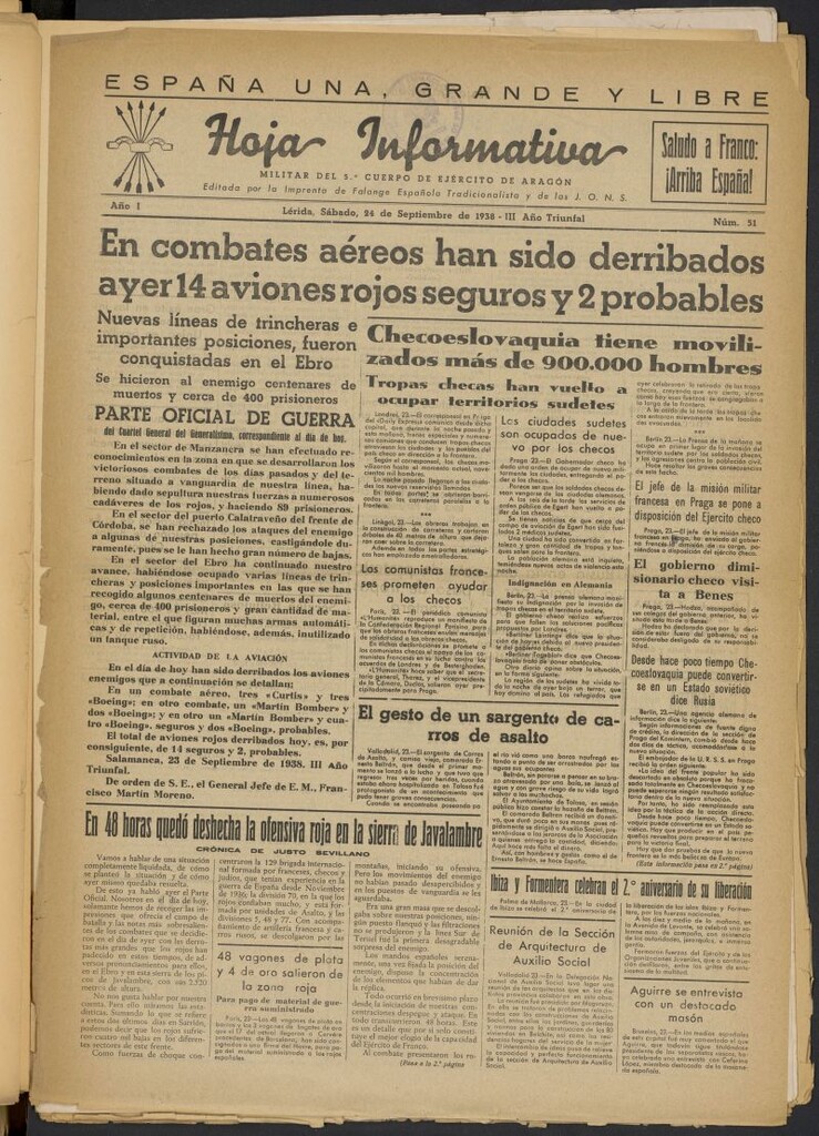 Miniatura de Hoja informativa : militar del 5º Cuerpo del Ejército de Aragón del 24 de septiembre de 1938, nº 51