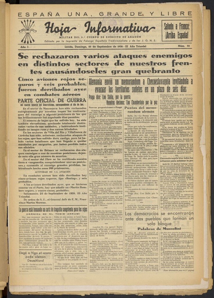 Miniatura de Hoja informativa : militar del 5º Cuerpo del Ejército de Aragón del 25 de septiembre de 1938, nº 52