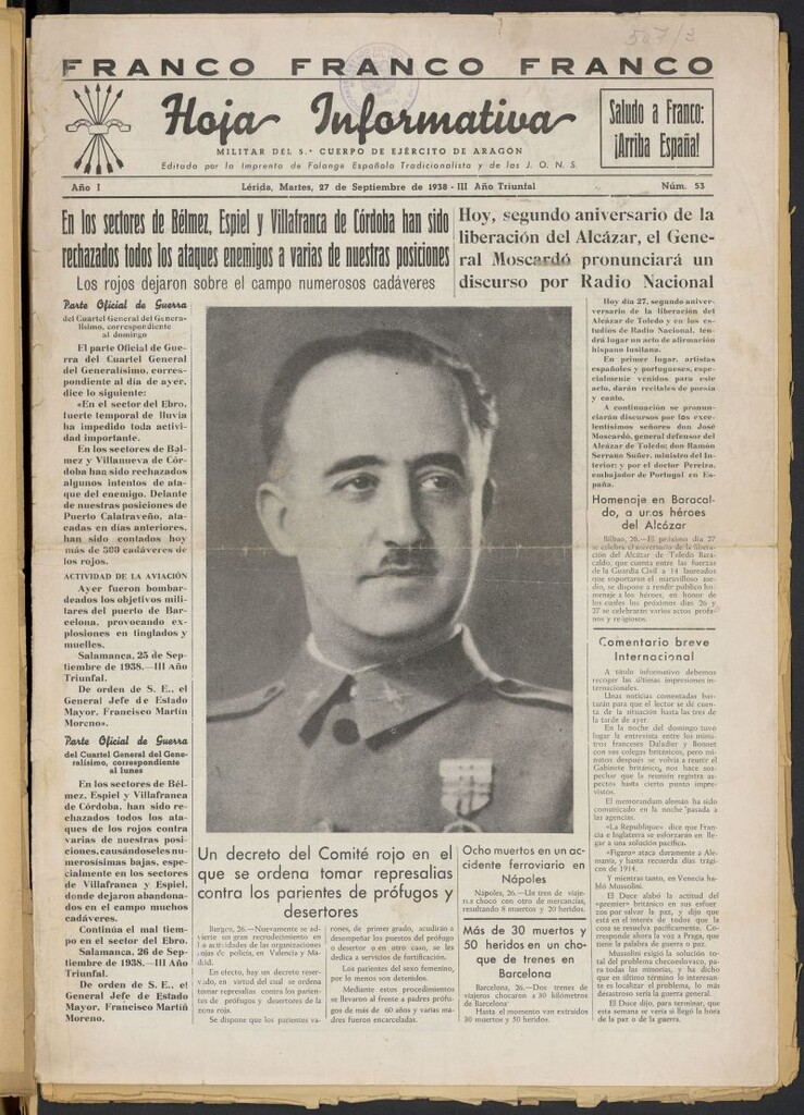 Miniatura de Hoja informativa : militar del 5º Cuerpo del Ejército de Aragón del 27 de septiembre de 1938, nº 53