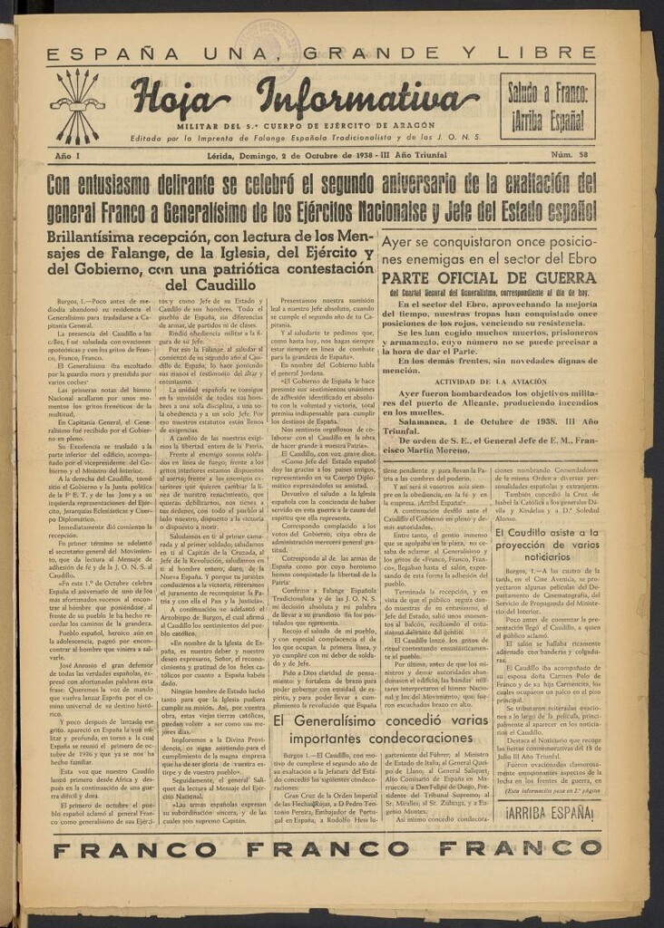 Miniatura de Hoja informativa : militar del 5º Cuerpo del Ejército de Aragón del 2 de octubre de 1938, nº 58