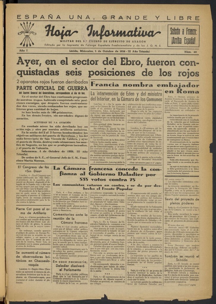 Miniatura de Hoja informativa : militar del 5º Cuerpo del Ejército de Aragón del 5 de octubre de 1938, nº 60