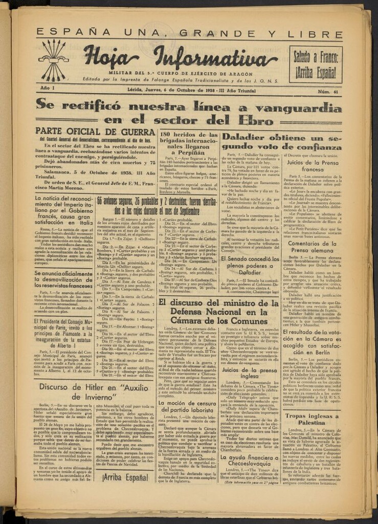 Miniatura de Hoja informativa : militar del 5º Cuerpo del Ejército de Aragón del 6 de octubre de 1938, nº 61