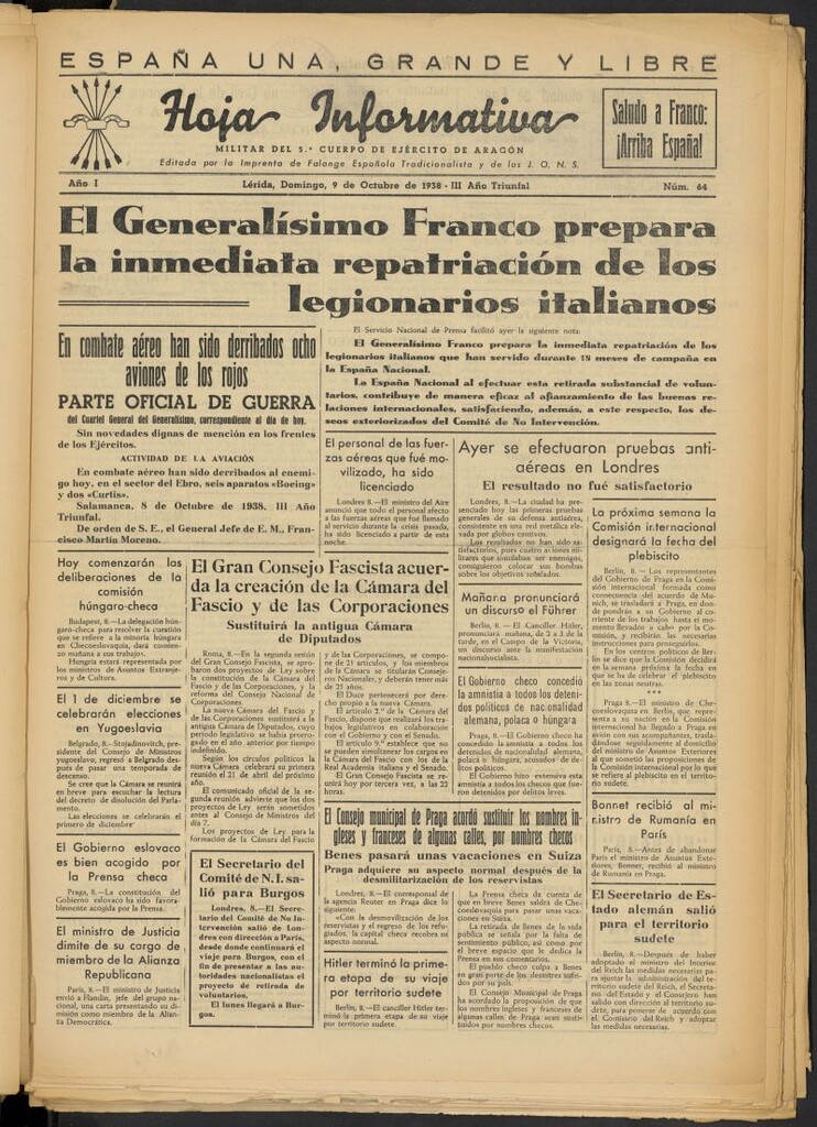 Miniatura de Hoja informativa : militar del 5º Cuerpo del Ejército de Aragón del 9 de octubre de 1938, nº 64