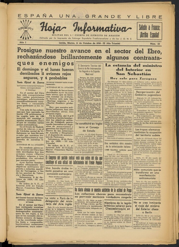 Miniatura de Hoja informativa : militar del 5º Cuerpo del Ejército de Aragón del 11 de octubre de 1938, nº 65
