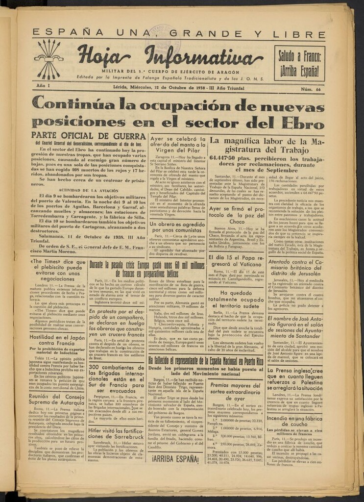 Miniatura de Hoja informativa : militar del 5º Cuerpo del Ejército de Aragón del 12 de octubre de 1938, nº 66