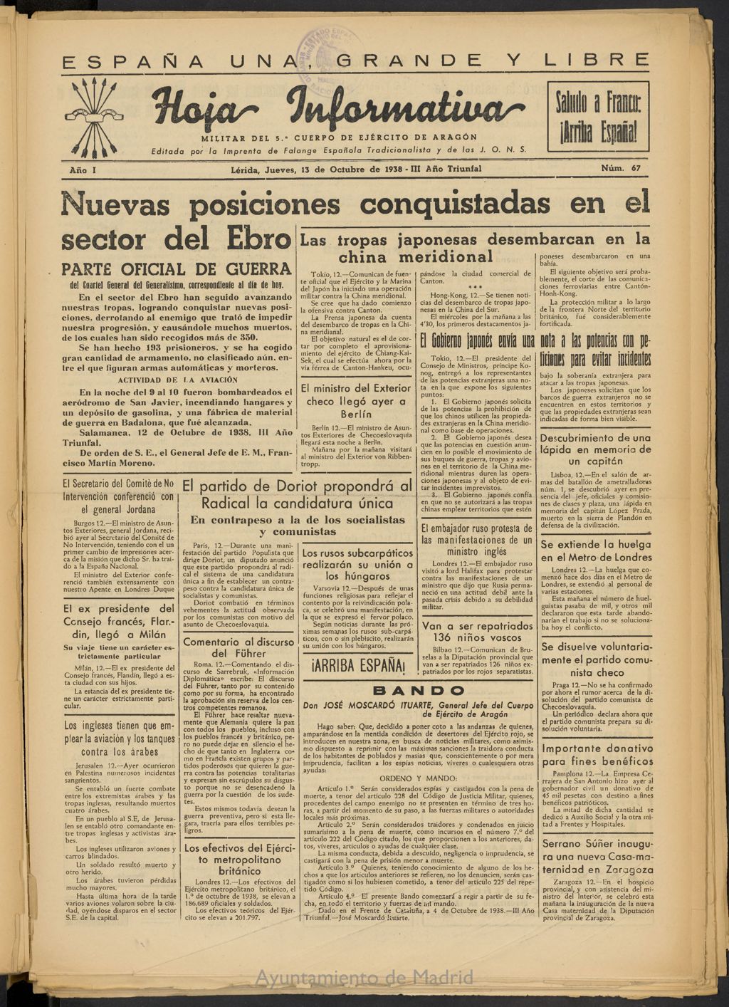 Miniatura de Hoja informativa : militar del 5º Cuerpo del Ejército de Aragón del 13 de octubre de 1938, nº 67